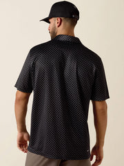 Ariat 10073472 Mens All Over Mini Star Print Polo Black back view. If you need any assistance with this item or the purchase of this item please call us at five six one seven four eight eight eight zero one Monday through Saturday 10:00a.m EST to 8:00 p.m EST
