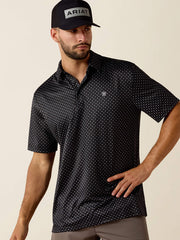 Ariat 10073472 Mens All Over Mini Star Print Polo Black front view. If you need any assistance with this item or the purchase of this item please call us at five six one seven four eight eight eight zero one Monday through Saturday 10:00a.m EST to 8:00 p.m EST
