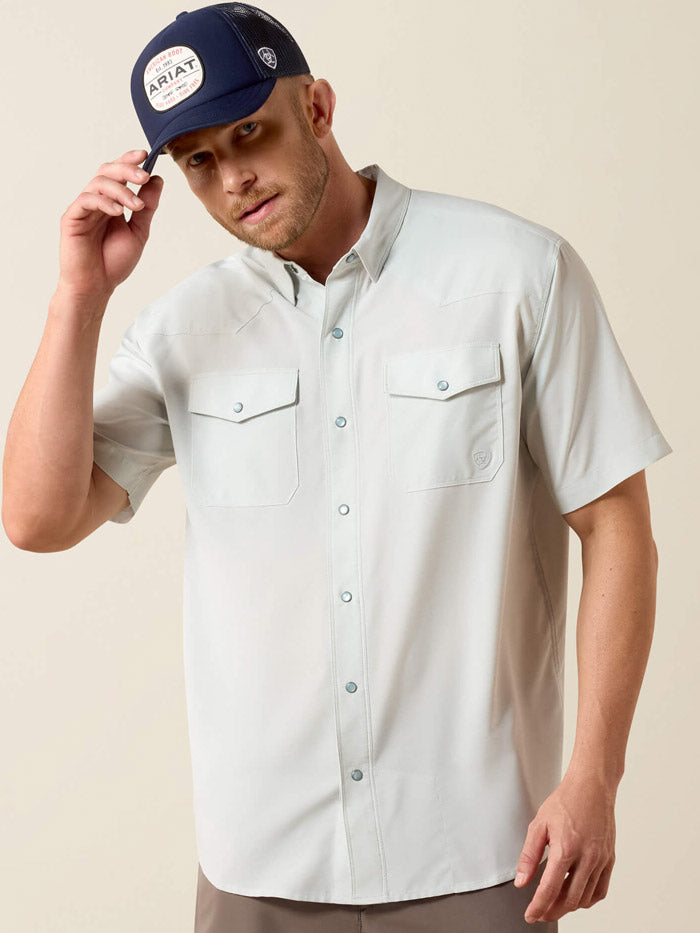 Ariat 10073498 Mens Western VentTEK Classic Fit Shirt Aqua Heather front view. If you need any assistance with this item or the purchase of this item please call us at five six one seven four eight eight eight zero one Monday through Saturday 10:00a.m EST to 8:00 p.m EST