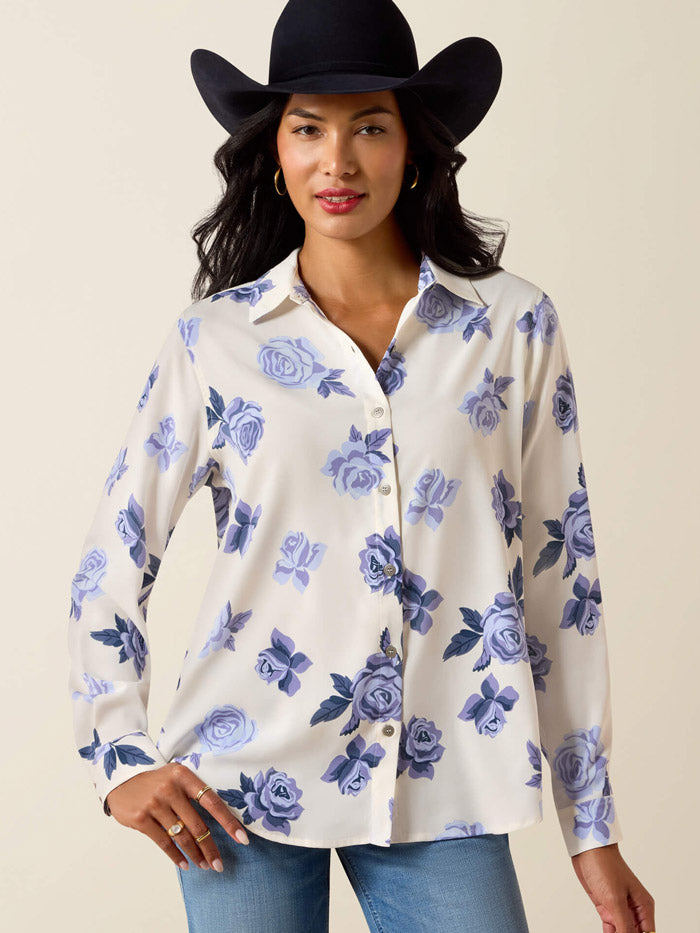 Ariat 10073503 Womens Homestyle Shirt Roses Are Blue front view. If you need any assistance with this item or the purchase of this item please call us at five six one seven four eight eight eight zero one Monday through Saturday 10:00a.m EST to 8:00 p.m EST
