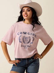 Ariat 10073557 Womens Social Club T-Shirt Pirouette Pink front view. If you need any assistance with this item or the purchase of this item please call us at five six one seven four eight eight eight zero one Monday through Saturday 10:00a.m EST to 8:00 p.m EST