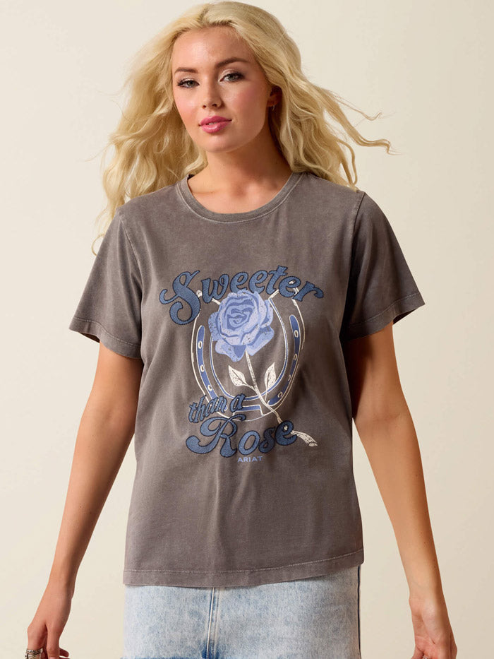 Ariat 10073559 Womens Sweet Rose T-Shirt Grey Mineral Wash. If you need any assistance with this item or the purchase of this item please call us at five six one seven four eight eight eight zero one Monday through Saturday 10:00a.m EST to 8:00 p.m EST 