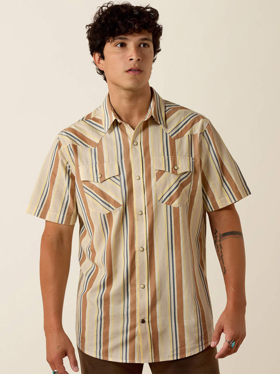 Ariat 10073572 Mens Retro Hawthorne Fitted Snap Short Sleeve Shirt Sandshell Stripe front view. If you need any assistance with this item or the purchase of this item please call us at five six one seven four eight eight eight zero one Monday through Saturday 10:00a.m EST to 8:00 p.m EST
