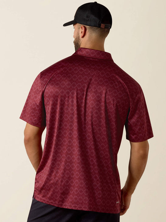 Ariat 10073584 Mens All Over Southwest Stripe Print Classic Fit Polo Scarlet back view. If you need any assistance with this item or the purchase of this item please call us at five six one seven four eight eight eight zero one Monday through Saturday 10:00a.m EST to 8:00 p.m EST