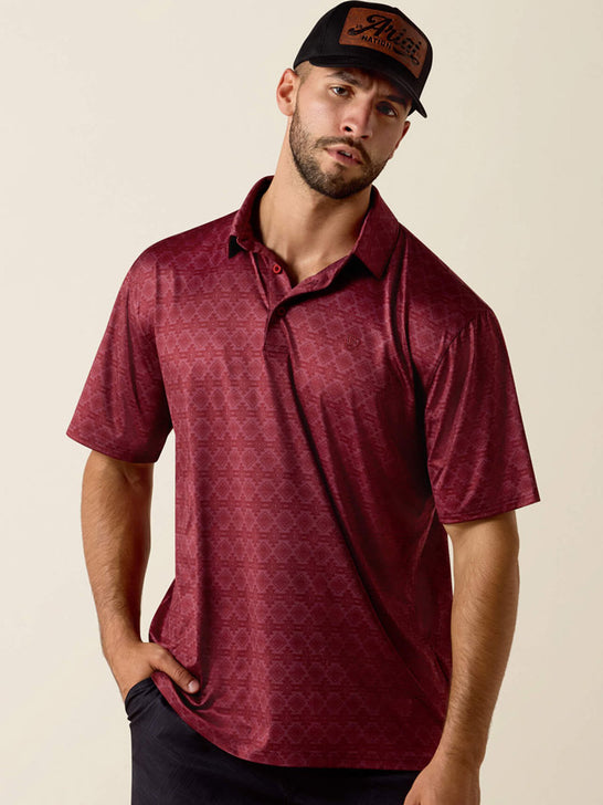 Ariat 10073584 Mens All Over Southwest Stripe Print Classic Fit Polo Scarlet front view. If you need any assistance with this item or the purchase of this item please call us at five six one seven four eight eight eight zero one Monday through Saturday 10:00a.m EST to 8:00 p.m EST
