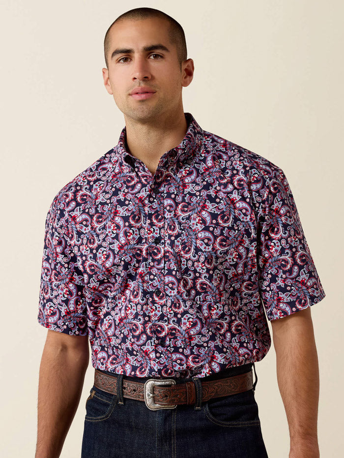 Ariat 10073590 Mens Bennie Classic Fit Short Sleeve Paisley Print Shirt Navy front view. If you need any assistance with this item or the purchase of this item please call us at five six one seven four eight eight eight zero one Monday through Saturday 10:00a.m EST to 8:00 p.m EST
