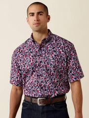 Ariat 10073590 Mens Bennie Classic Fit Short Sleeve Paisley Print Shirt Navy front view. If you need any assistance with this item or the purchase of this item please call us at five six one seven four eight eight eight zero one Monday through Saturday 10:00a.m EST to 8:00 p.m EST

