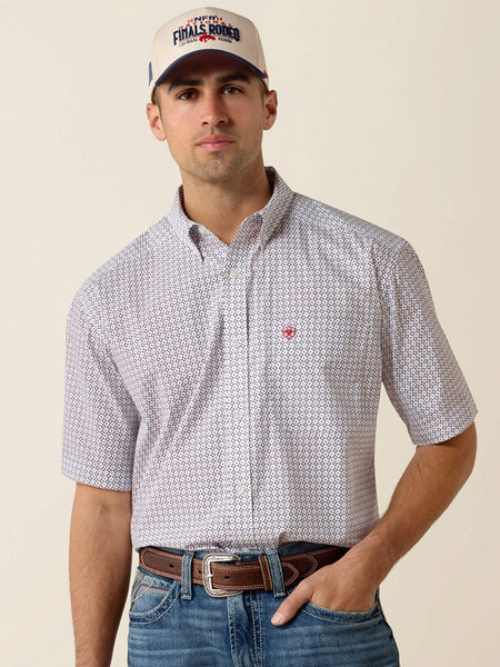 Ariat 10073591 Mens Britton Classic Fit Short Sleeve Geo Print Shirt White front view. If you need any assistance with this item or the purchase of this item please call us at five six one seven four eight eight eight zero one Monday through Saturday 10:00a.m EST to 8:00 p.m EST
