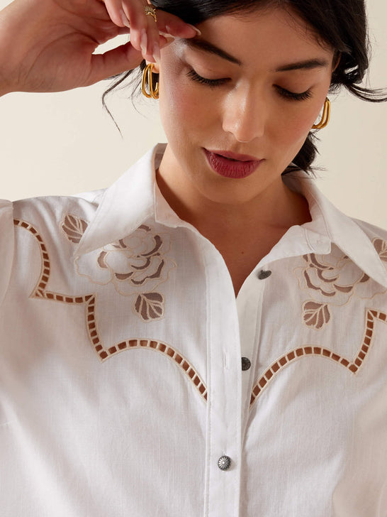 Ariat 10073667 Womens Lattice Long Sleeve Shirt White front close up view. If you need any assistance with this item or the purchase of this item please call us at five six one seven four eight eight eight zero one Monday through Saturday 10:00a.m EST to 8:00 p.m EST
