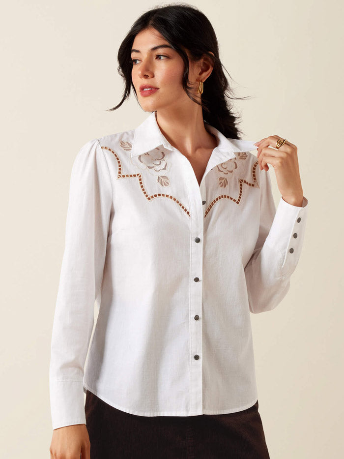 Ariat 10073667 Womens Lattice Long Sleeve Shirt White front view. If you need any assistance with this item or the purchase of this item please call us at five six one seven four eight eight eight zero one Monday through Saturday 10:00a.m EST to 8:00 p.m EST

