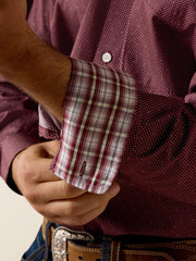 Ariat 10073682 Mens Wrinkle Free Wrenly Classic Fit Long Sleeve Shirt Wine cuff view. If you need any assistance with this item or the purchase of this item please call us at five six one seven four eight eight eight zero one Monday through Saturday 10:00a.m EST to 8:00 p.m EST