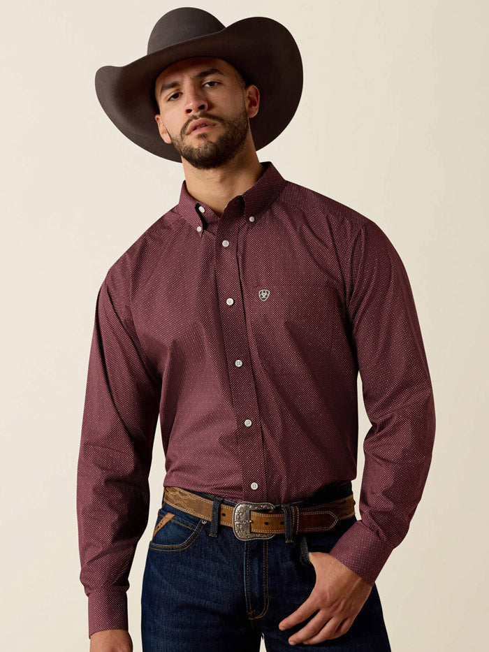 Ariat 10073682 Mens Wrinkle Free Wrenly Classic Fit Long Sleeve Shirt Wine front view. If you need any assistance with this item or the purchase of this item please call us at five six one seven four eight eight eight zero one Monday through Saturday 10:00a.m EST to 8:00 p.m EST
