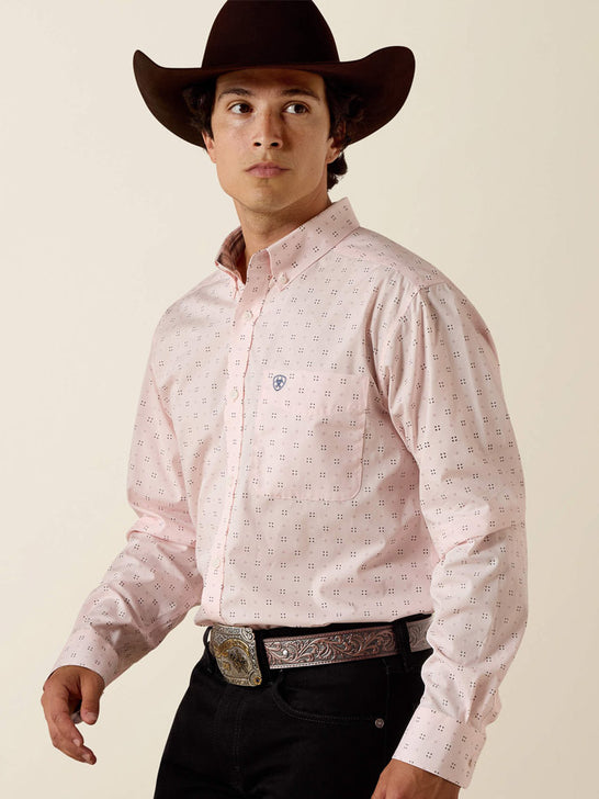Ariat 10073690 Mens Wrinkle Free Wally Fitted Long Sleeve Shirt Pink front view. If you need any assistance with this item or the purchase of this item please call us at five six one seven four eight eight eight zero one Monday through Saturday 10:00a.m EST to 8:00 p.m EST

