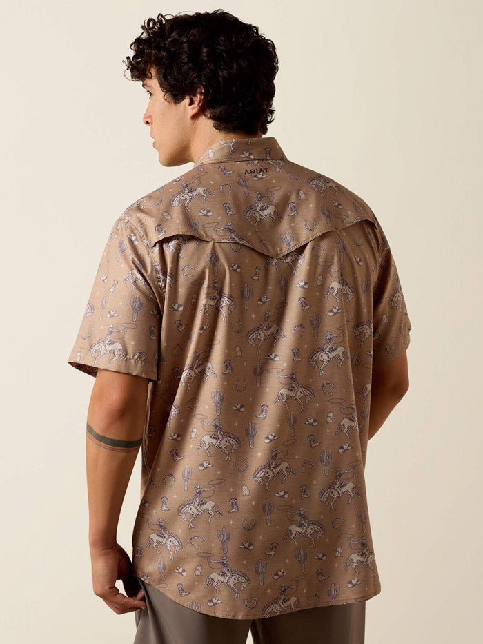 Ariat 10073869 Mens Printed VentTEK Western Fitted Snap Shirt Cartouche Tan front view. If you need any assistance with this item or the purchase of this item please call us at five six one seven four eight eight eight zero one Monday through Saturday 10:00a.m EST to 8:00 p.m EST
