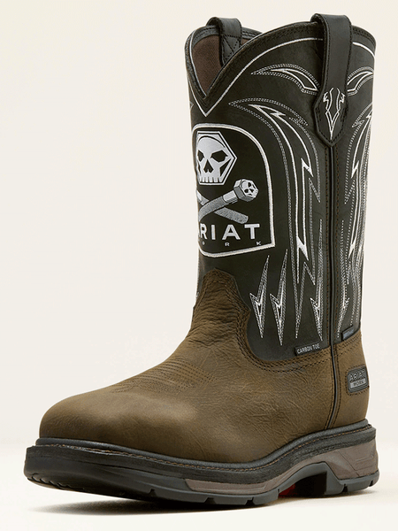 Ariat 10074207 Mens WorkHog XT Bolt Skull Waterproof Wide Square Toe Carbon Toe Work Boot Coffee side / front view. If you need any assistance with this item or the purchase of this item please call us at five six one seven four eight eight eight zero one Monday through Saturday 10:00a.m EST to 8:00 p.m EST