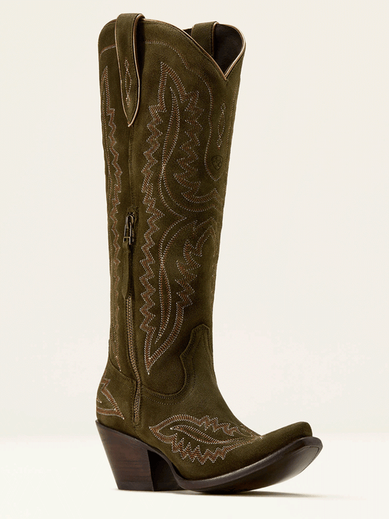 Ariat 10074323 Womens Casanova Western Boot Soft Olive Suede zipper side / front view. If you need any assistance with this item or the purchase of this item please call us at five six one seven four eight eight eight zero one Monday through Saturday 10:00a.m EST to 8:00 p.m EST