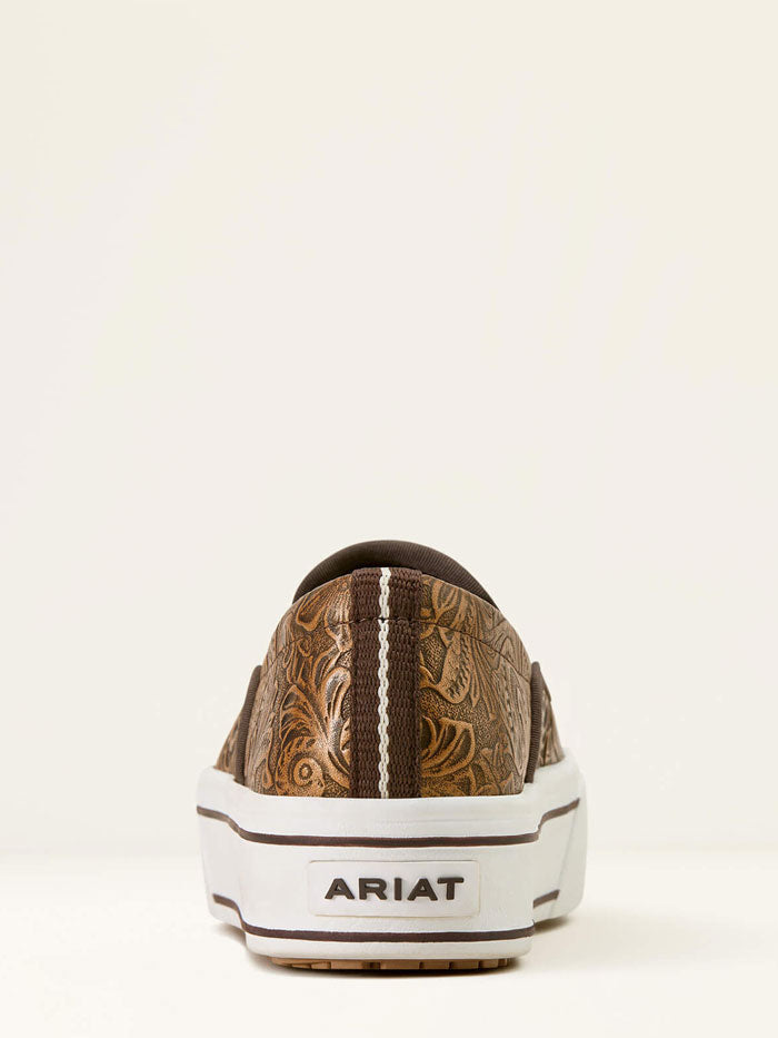 Ariat 10074362 Womens Skylar Slip On Shoe Floral Emboss Brown front and side view. If you need any assistance with this item or the purchase of this item please call us at five six one seven four eight eight eight zero one Monday through Saturday 10:00a.m EST to 8:00 p.m EST
