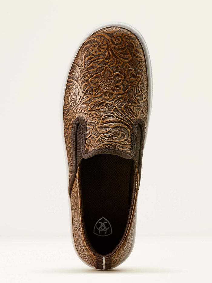 Ariat 10074362 Womens Skylar Slip On Shoe Floral Emboss Brown front and side view. If you need any assistance with this item or the purchase of this item please call us at five six one seven four eight eight eight zero one Monday through Saturday 10:00a.m EST to 8:00 p.m EST
