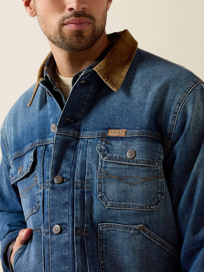 Ariat 10078964 Mens Flannel Lined Trucker Jacket Nate front view. If you need any assistance with this item or the purchase of this item please call us at five six one seven four eight eight eight zero one Monday through Saturday 10:00a.m EST to 8:00 p.m EST