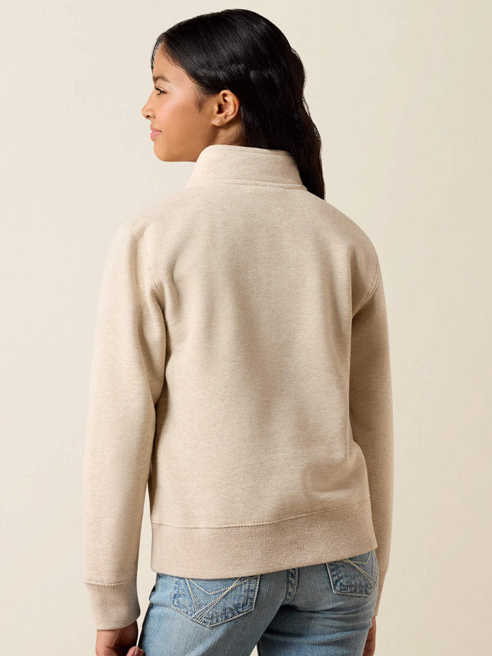 Ariat 10079247 Girls Running Wild 1/4 Zip Sweatshirt Oatmeal Heather front view. If you need any assistance with this item or the purchase of this item please call us at five six one seven four eight eight eight zero one Monday through Saturday 10:00a.m EST to 8:00 p.m EST
