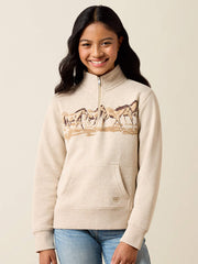 Ariat 10079247 Girls Running Wild 1/4 Zip Sweatshirt Oatmeal Heather front view. If you need any assistance with this item or the purchase of this item please call us at five six one seven four eight eight eight zero one Monday through Saturday 10:00a.m EST to 8:00 p.m EST
