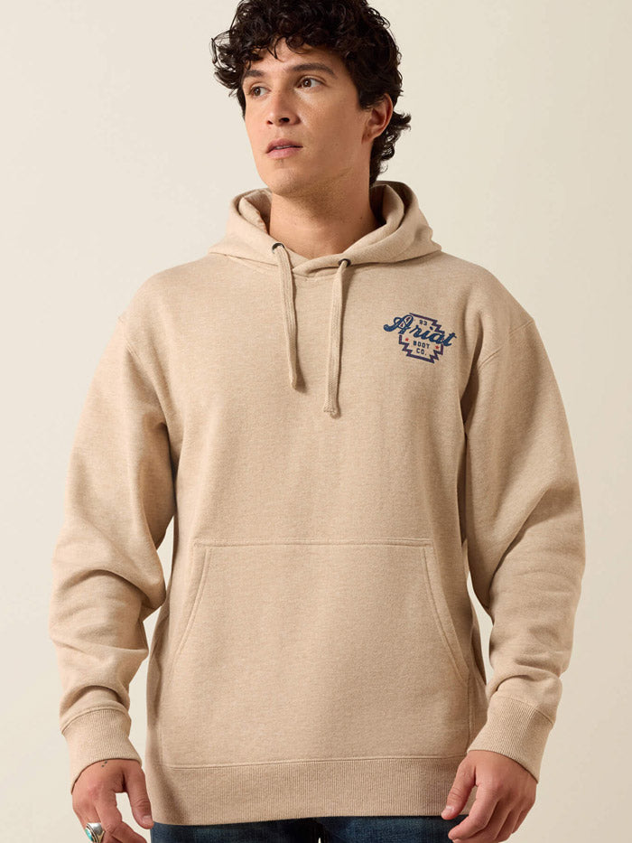Ariat 10079249 Mens Bison Archer Hoodie Oatmeal Tan back view. If you need any assistance with this item or the purchase of this item please call us at five six one seven four eight eight eight zero one Monday through Saturday 10:00a.m EST to 8:00 p.m EST
