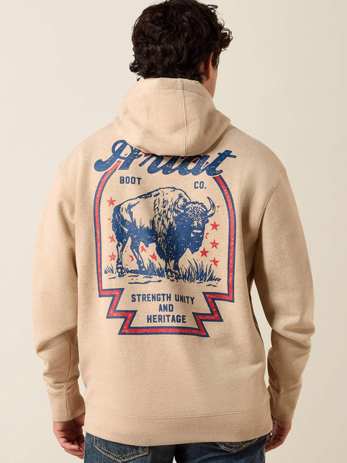 Ariat 10079249 Mens Bison Archer Hoodie Oatmeal Tan back view. If you need any assistance with this item or the purchase of this item please call us at five six one seven four eight eight eight zero one Monday through Saturday 10:00a.m EST to 8:00 p.m EST