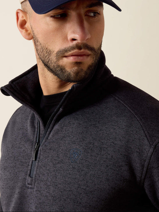 Ariat 10079316 Mens Caldwell Logo 1/4 Zip Sweater Ombre Blue Inkwell front close up. If you need any assistance with this item or the purchase of this item please call us at five six one seven four eight eight eight zero one Monday through Saturday 10:00a.m EST to 8:00 p.m EST 