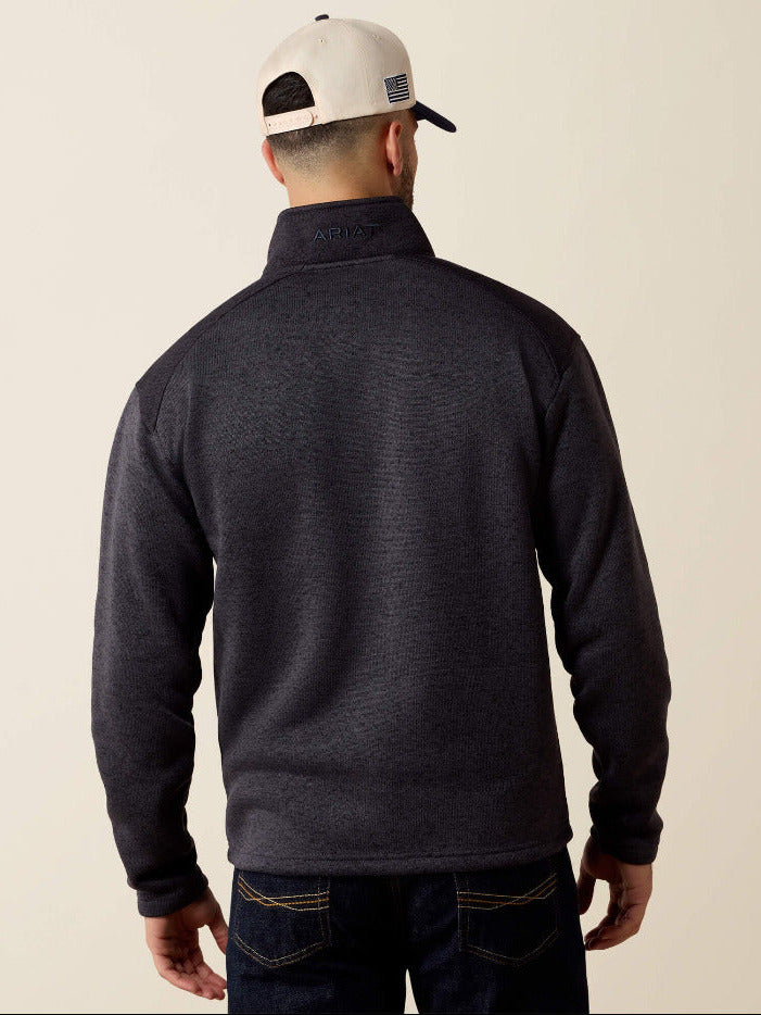 Ariat 10079316 Mens Caldwell Logo 1/4 Zip Sweater Ombre Blue Inkwell front view. If you need any assistance with this item or the purchase of this item please call us at five six one seven four eight eight eight zero one Monday through Saturday 10:00a.m EST to 8:00 p.m EST