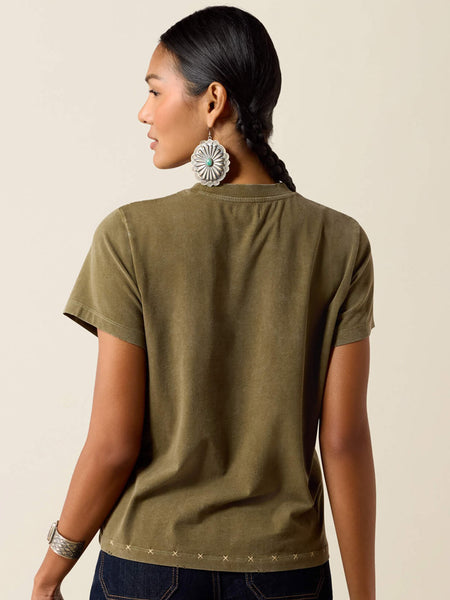 Ariat 10079327 Womens Roping T-Shirt Olive back view. If you need any assistance with this item or the purchase of this item please call us at five six one seven four eight eight eight zero one Monday through Saturday 10:00a.m EST to 8:00 p.m EST