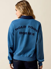 Ariat 10079345 Womens Hold Your Horses Sweatshirt Indigo Blue back view. If you need any assistance with this item or the purchase of this item please call us at five six one seven four eight eight eight zero one Monday through Saturday 10:00a.m EST to 8:00 p.m EST