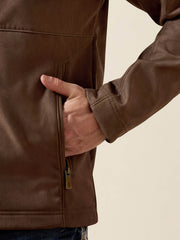 Ariat 10079404 Mens Vernon Softshell Jacket Brown front side zipper close up. If you need any assistance with this item or the purchase of this item please call us at five six one seven four eight eight eight zero one Monday through Saturday 10:00a.m EST to 8:00 p.m EST