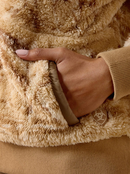 Ariat 10079409 Womens Wild Horse Print Berber Sweatshirt Natural pocket close up. If you need any assistance with this item or the purchase of this item please call us at five six one seven four eight eight eight zero one Monday through Saturday 10:00a.m EST to 8:00 p.m EST