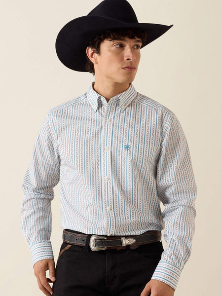 Ariat 10079419 Mens Crow Fitted Shirt Longhorn Stripe White front view. If you need any assistance with this item or the purchase of this item please call us at five six one seven four eight eight eight zero one Monday through Saturday 10:00a.m EST to 8:00 p.m EST