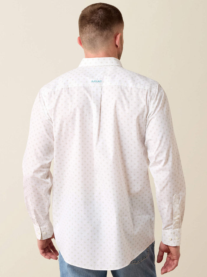 Ariat 10079425 Mens Wrinkle Free Barlow Classic Fit Shirt Geo Print White front view. If you need any assistance with this item or the purchase of this item please call us at five six one seven four eight eight eight zero one Monday through Saturday 10:00a.m EST to 8:00 p.m EST
