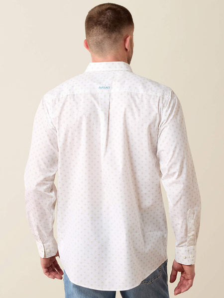 Ariat 10079425 Mens Wrinkle Free Barlow Classic Fit Shirt Geo Print White back view. If you need any assistance with this item or the purchase of this item please call us at five six one seven four eight eight eight zero one Monday through Saturday 10:00a.m EST to 8:00 p.m EST
