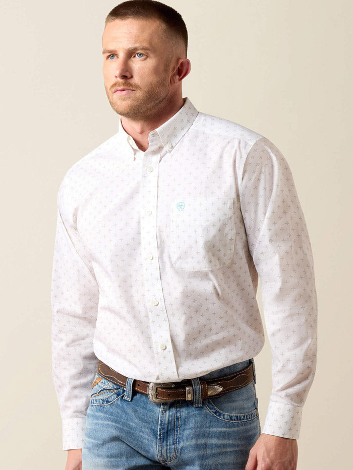 Ariat 10079425 Mens Wrinkle Free Barlow Classic Fit Shirt Geo Print White front view. If you need any assistance with this item or the purchase of this item please call us at five six one seven four eight eight eight zero one Monday through Saturday 10:00a.m EST to 8:00 p.m EST
