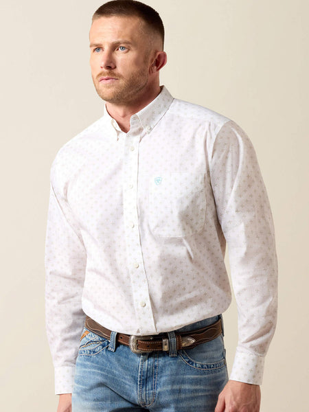 Ariat 10079425 Mens Wrinkle Free Barlow Classic Fit Shirt Geo Print White front view. If you need any assistance with this item or the purchase of this item please call us at five six one seven four eight eight eight zero one Monday through Saturday 10:00a.m EST to 8:00 p.m EST
