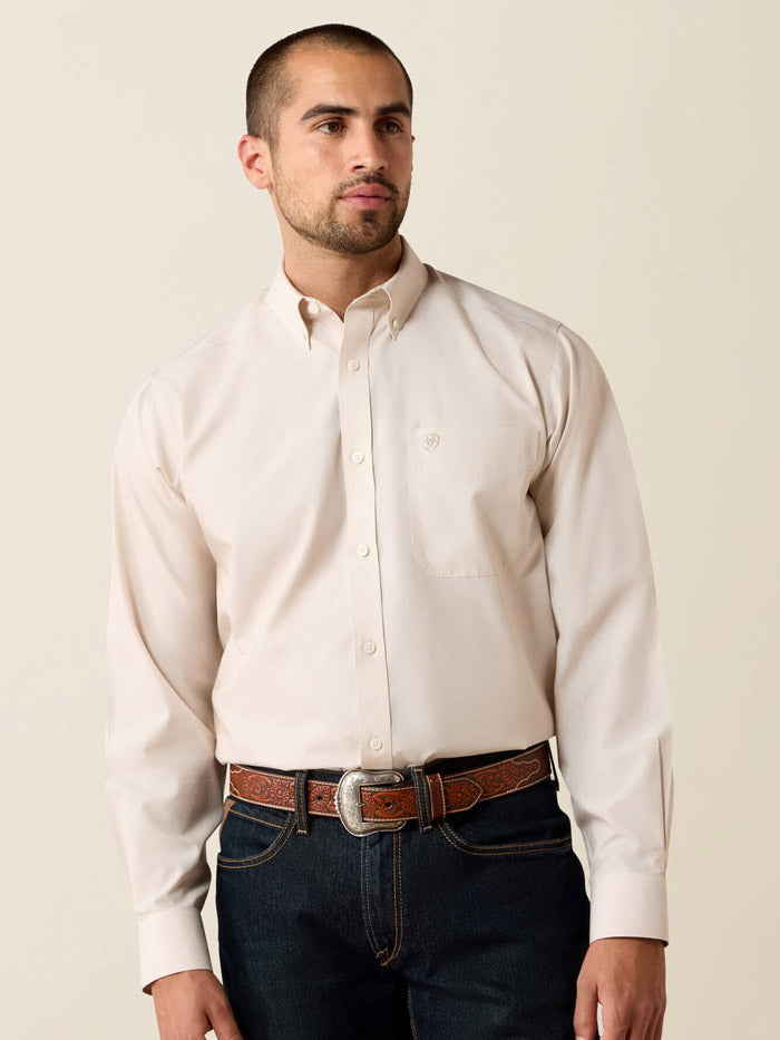 Ariat 10079436 Mens Wrinkle Free Solid Pinpoint Oxford Classic Fit Shirt Savannah Tan front view. If you need any assistance with this item or the purchase of this item please call us at five six one seven four eight eight eight zero one Monday through Saturday 10:00a.m EST to 8:00 p.m EST