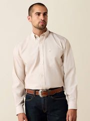 Ariat 10079436 Mens Wrinkle Free Solid Pinpoint Oxford Classic Fit Shirt Savannah Tan front view. If you need any assistance with this item or the purchase of this item please call us at five six one seven four eight eight eight zero one Monday through Saturday 10:00a.m EST to 8:00 p.m EST