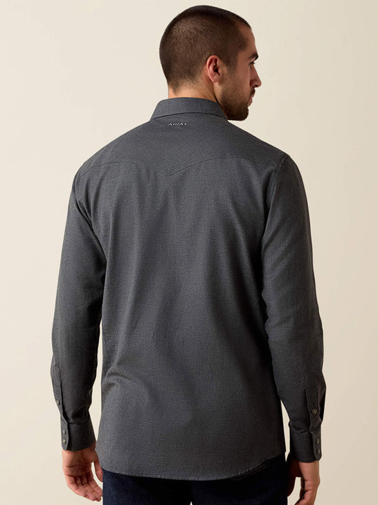 Ariat 10079640 Mens Solid Twill Fitted Shirt Charcoal Heather back view. If you need any assistance with this item or the purchase of this item please call us at five six one seven four eight eight eight zero one Monday through Saturday 10:00a.m EST to 8:00 p.m EST