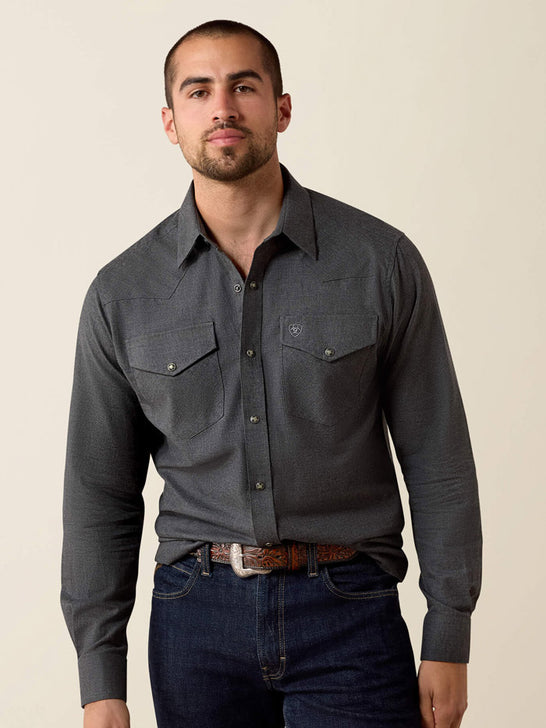 Ariat 10079640 Mens Solid Twill Fitted Shirt Charcoal Heather front view. If you need any assistance with this item or the purchase of this item please call us at five six one seven four eight eight eight zero one Monday through Saturday 10:00a.m EST to 8:00 p.m EST