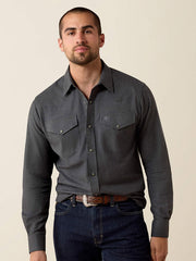 Ariat 10079640 Mens Solid Twill Fitted Shirt Charcoal Heather front view. If you need any assistance with this item or the purchase of this item please call us at five six one seven four eight eight eight zero one Monday through Saturday 10:00a.m EST to 8:00 p.m EST