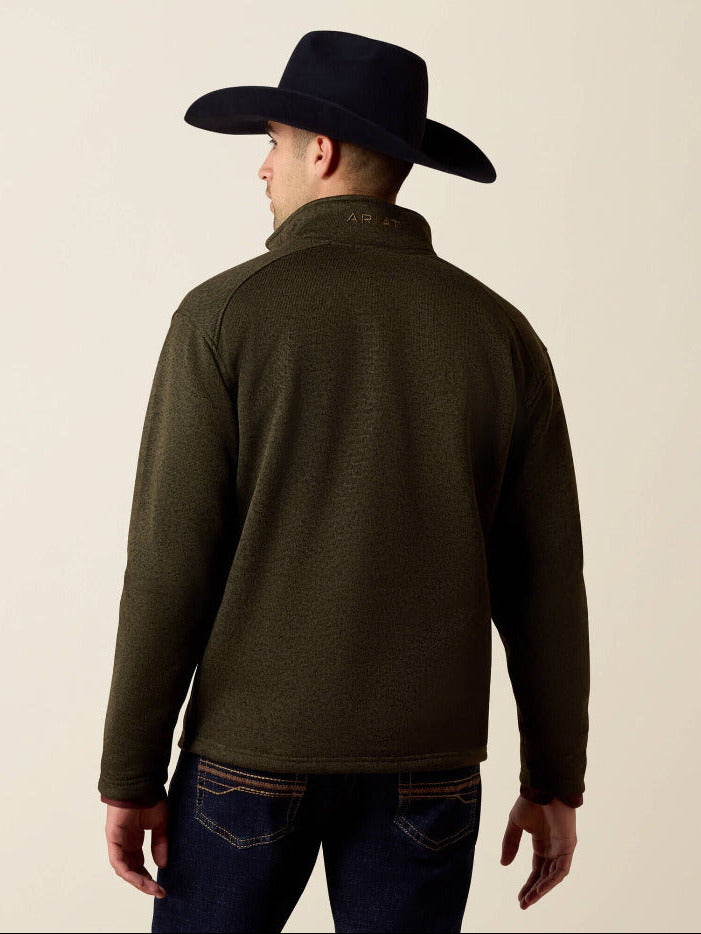 Ariat 10079650 Mens Caldwell Logo 1/4 Zip Sweater Dark Green front view. If you need any assistance with this item or the purchase of this item please call us at five six one seven four eight eight eight zero one Monday through Saturday 10:00a.m EST to 8:00 p.m EST
