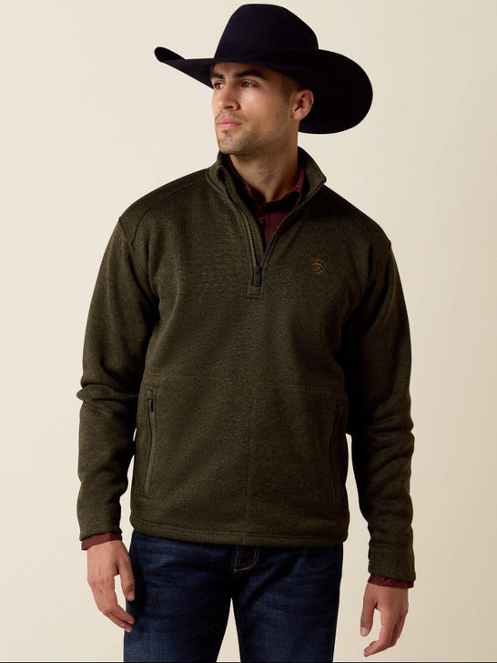 Ariat 10079650 Mens Caldwell Logo 1/4 Zip Sweater Dark Green front view. If you need any assistance with this item or the purchase of this item please call us at five six one seven four eight eight eight zero one Monday through Saturday 10:00a.m EST to 8:00 p.m EST