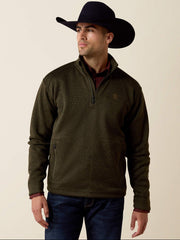 Ariat 10079650 Mens Caldwell Logo 1/4 Zip Sweater Dark Green front view. If you need any assistance with this item or the purchase of this item please call us at five six one seven four eight eight eight zero one Monday through Saturday 10:00a.m EST to 8:00 p.m EST