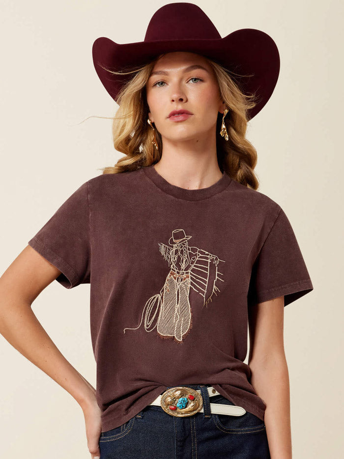 Ariat 10079672 Womens Rebel With A Cause T-Shirt Dark Brown front view.If you need any assistance with this item or the purchase of this item please call us at five six one seven four eight eight eight zero one Monday through Saturday 10:00a.m EST to 8:00 p.m EST
