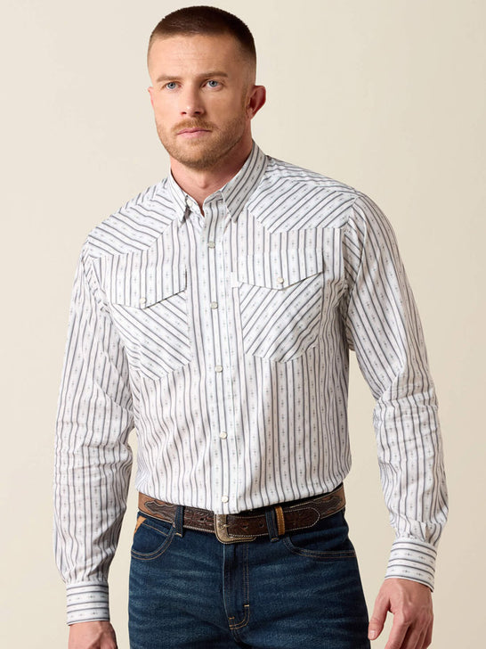 Ariat 10079769 Mens Everything Classic Fit Snap Shirt Geo Stripe White front view. If you need any assistance with this item or the purchase of this item please call us at five six one seven four eight eight eight zero one Monday through Saturday 10:00a.m EST to 8:00 p.m EST