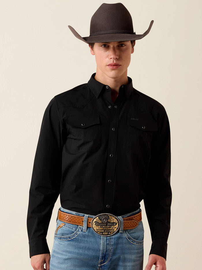 Ariat 10079800 Mens FrontierTough VentTEK Western Fitted Snap Shirt Black front view. If you need any assistance with this item or the purchase of this item please call us at five six one seven four eight eight eight zero one Monday through Saturday 10:00a.m EST to 8:00 p.m EST
