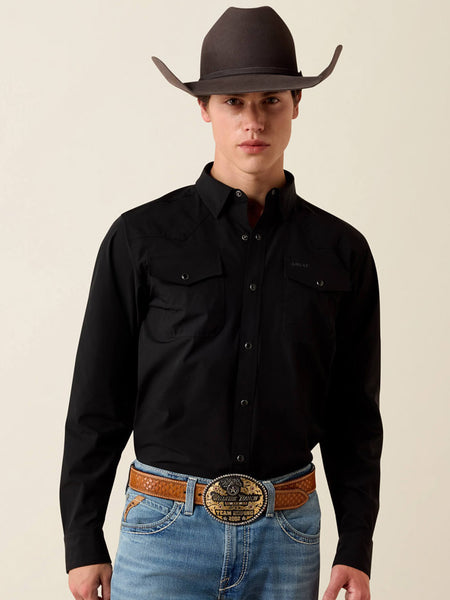 Ariat 10079800 Mens FrontierTough VentTEK Western Fitted Snap Shirt Black front view. If you need any assistance with this item or the purchase of this item please call us at five six one seven four eight eight eight zero one Monday through Saturday 10:00a.m EST to 8:00 p.m EST
